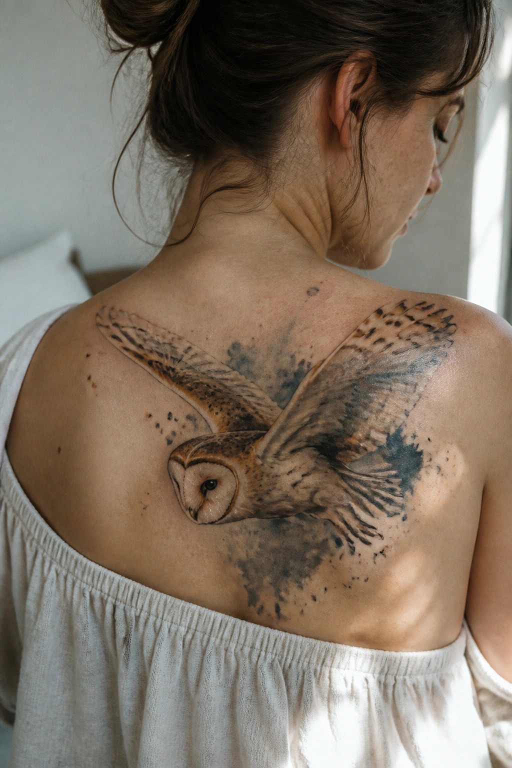 Woman's upper back with large flying barn owl tattoo and white top.