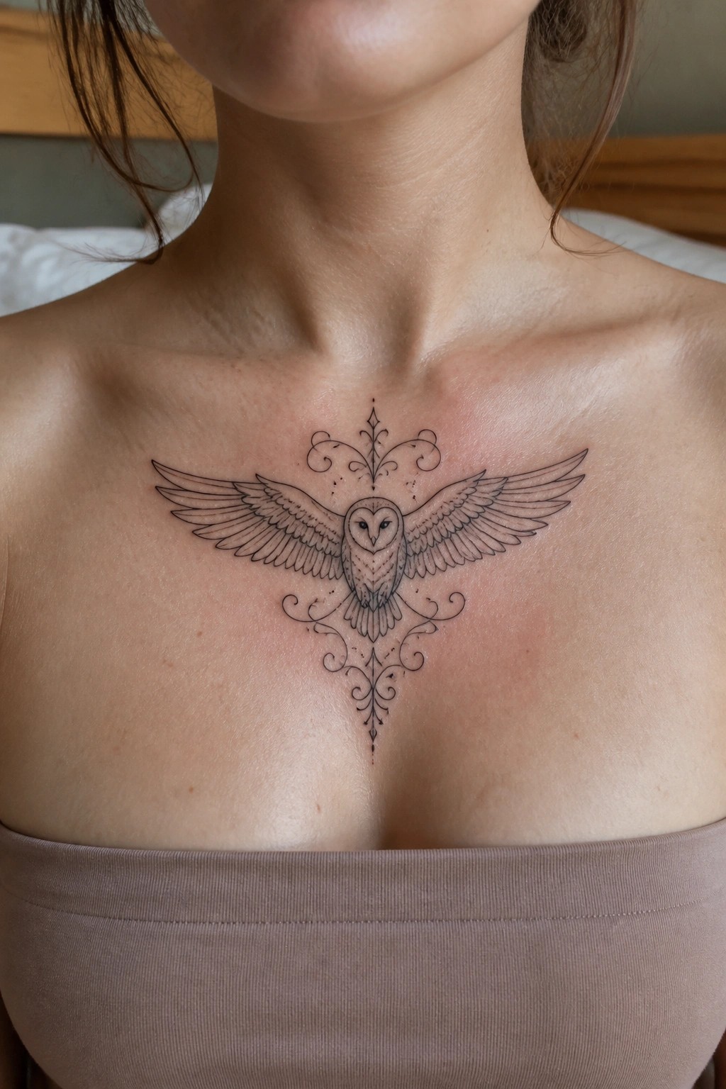 Owl with spread wings and ornate flourishes tattooed on upper chest above beige top