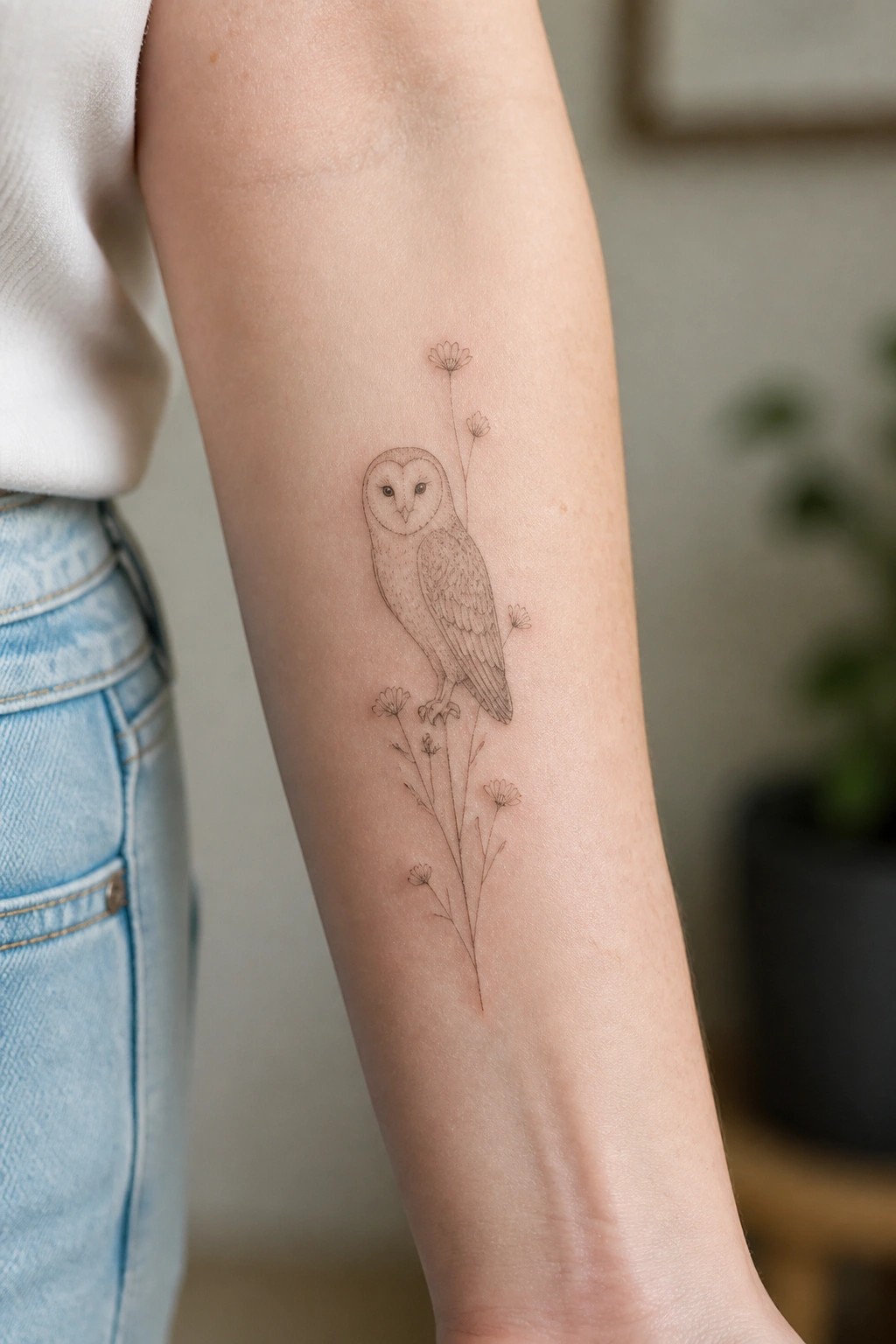 Fine-line owl and wildflower tattoo on forearm, white shirt and jeans visible.
