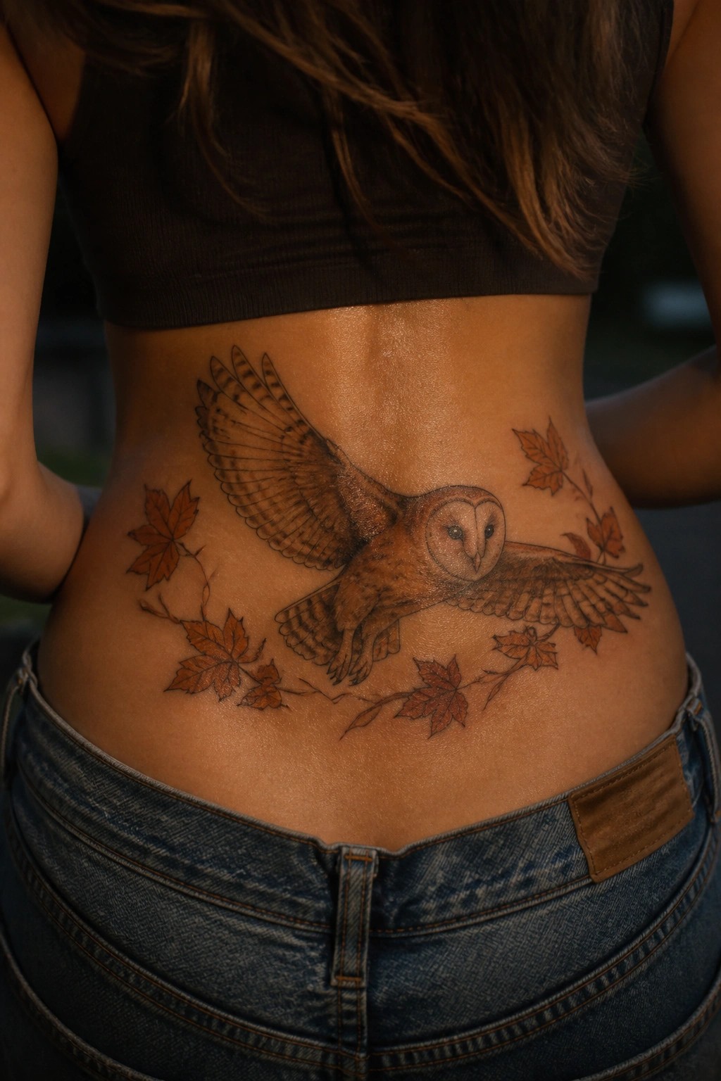 Woman's lower back with flying owl tattoo amid orange autumn leaves, brown crop top and jeans.