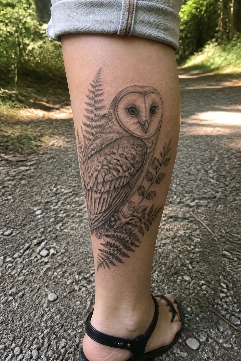 Realistic black-and-gray owl tattoo with ferns on calf, cuffed jeans and black sandal on forest path.