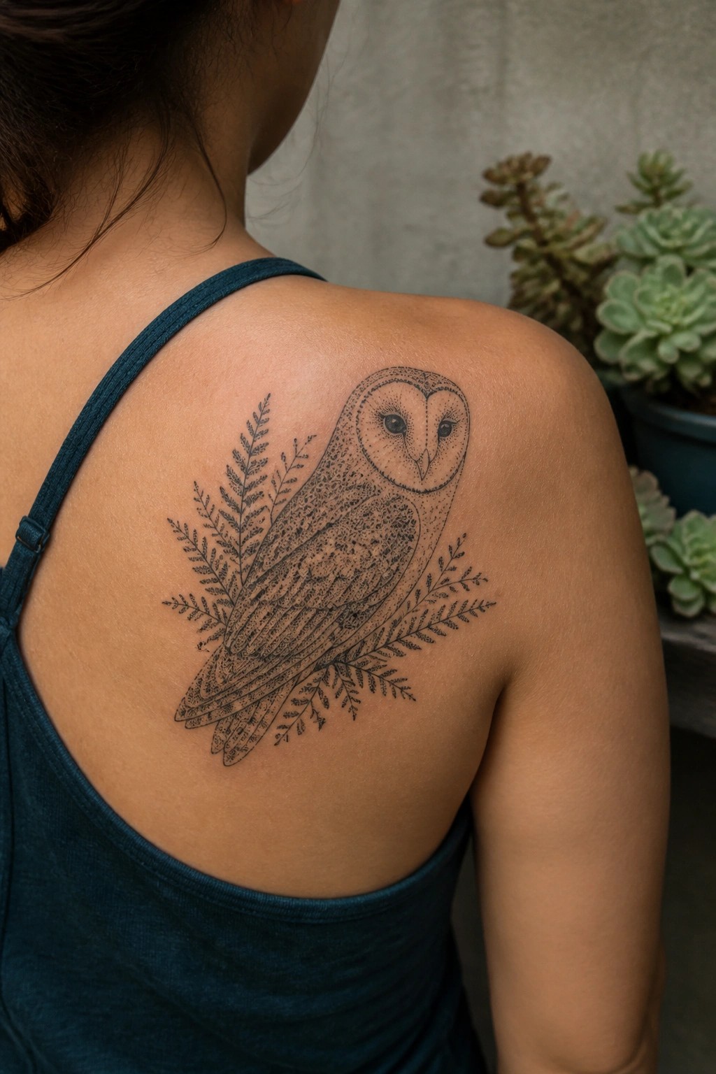 Fine line barn owl tattoo with fern leaves on a woman's upper back shoulder blade area