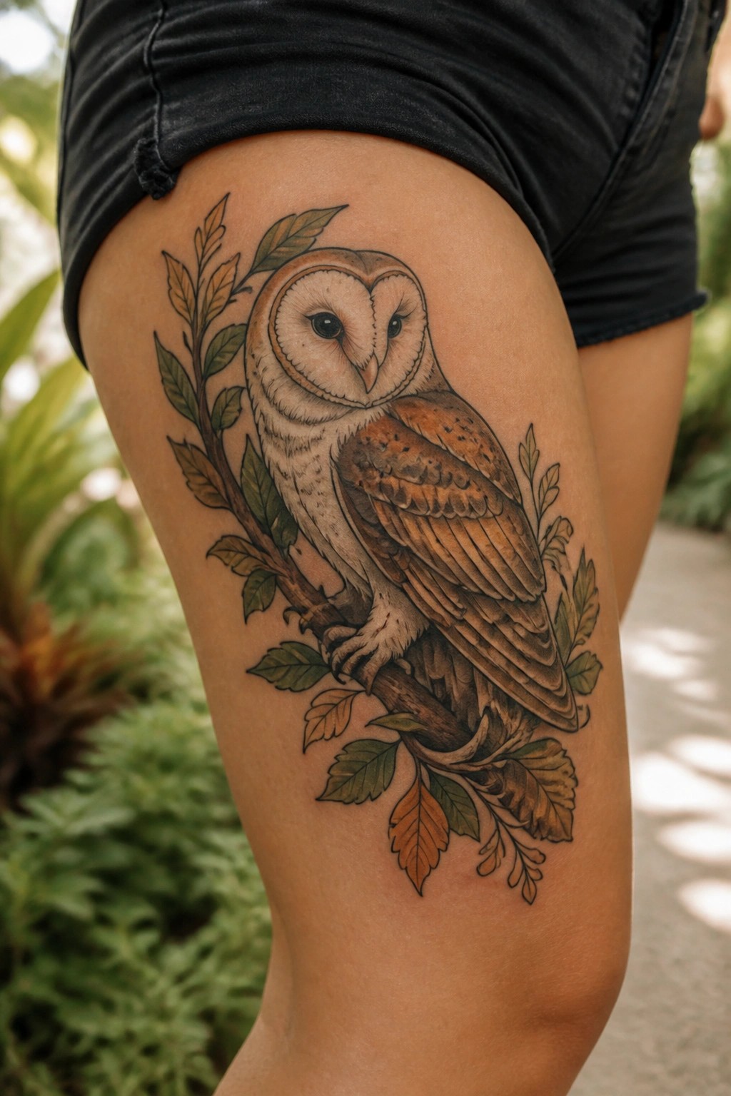 Realistic barn owl tattoo on a woman's thigh, perched on a branch with surrounding leaves in brown and green tones.