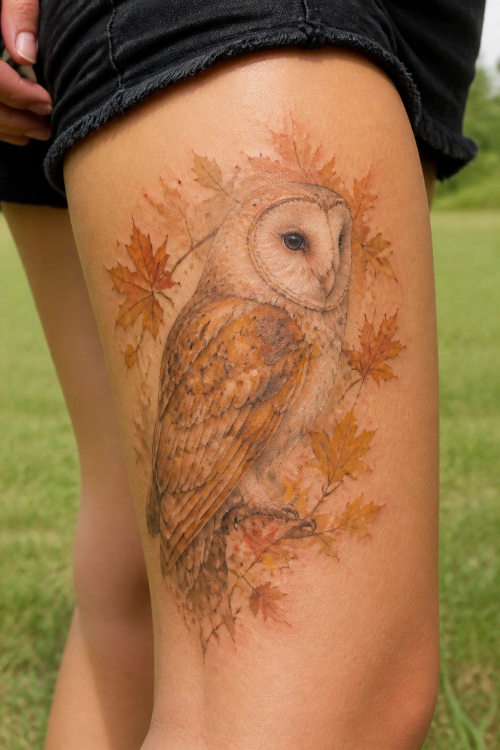 Realistic barn owl tattoo on the thigh with autumn maple leaves in soft natural colors