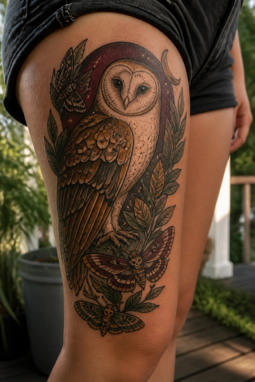 Barn owl tattoo with skull moths, leaves, and crescent moon on thigh
