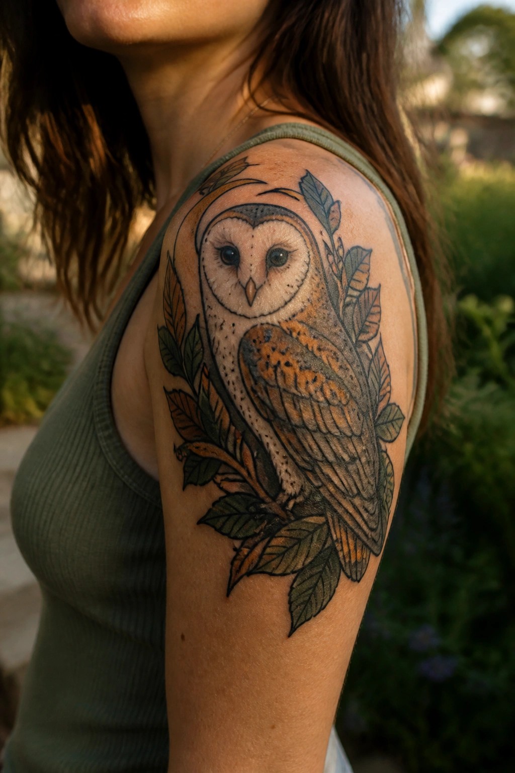 Detailed barn owl tattoo with leaves on woman's upper arm in green tank top.