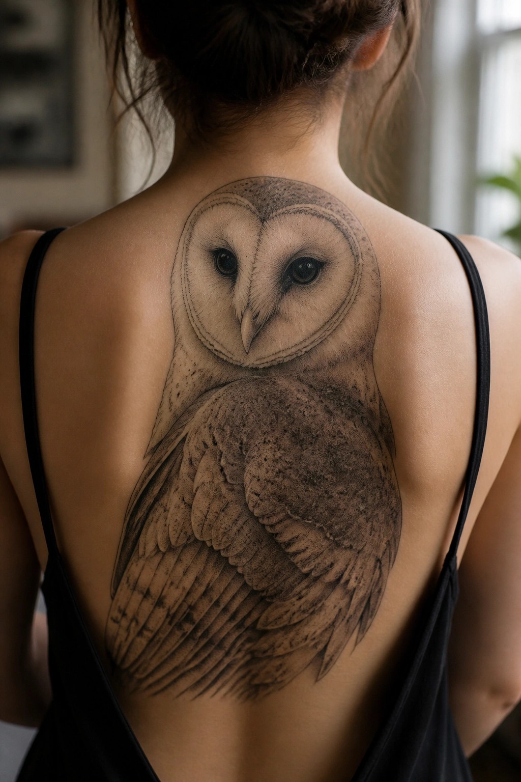 Woman's back with large realistic owl tattoo, black spaghetti straps visible.