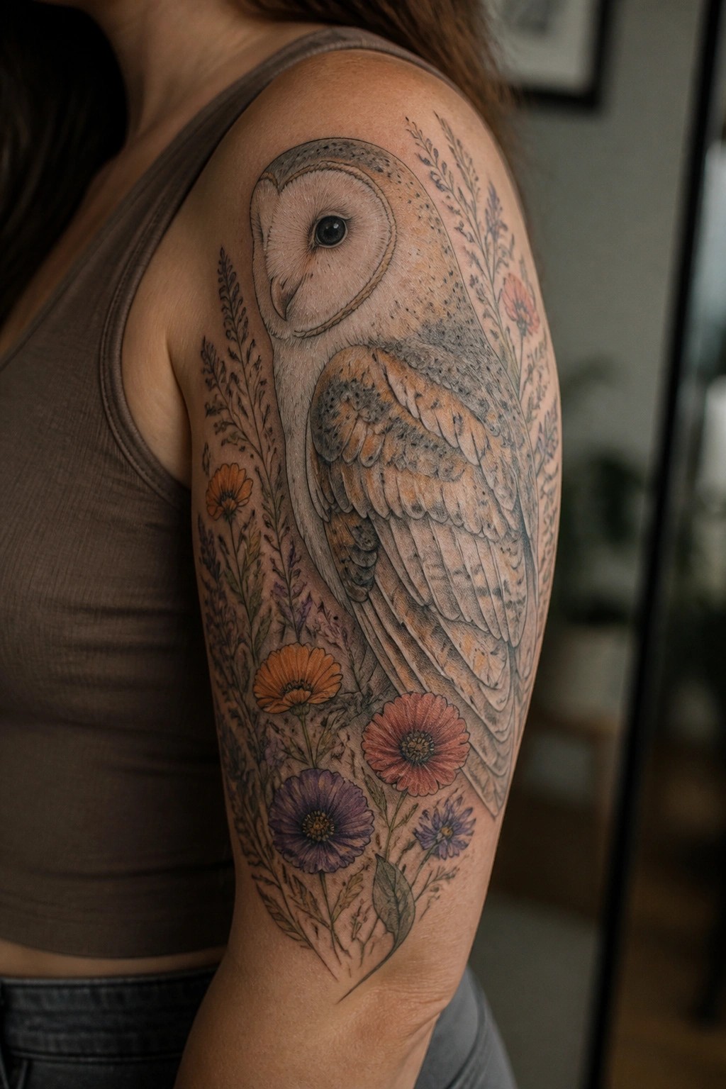 A barn owl tattoo on a woman's upper arm with surrounding wildflowers in orange, red, and purple tones.