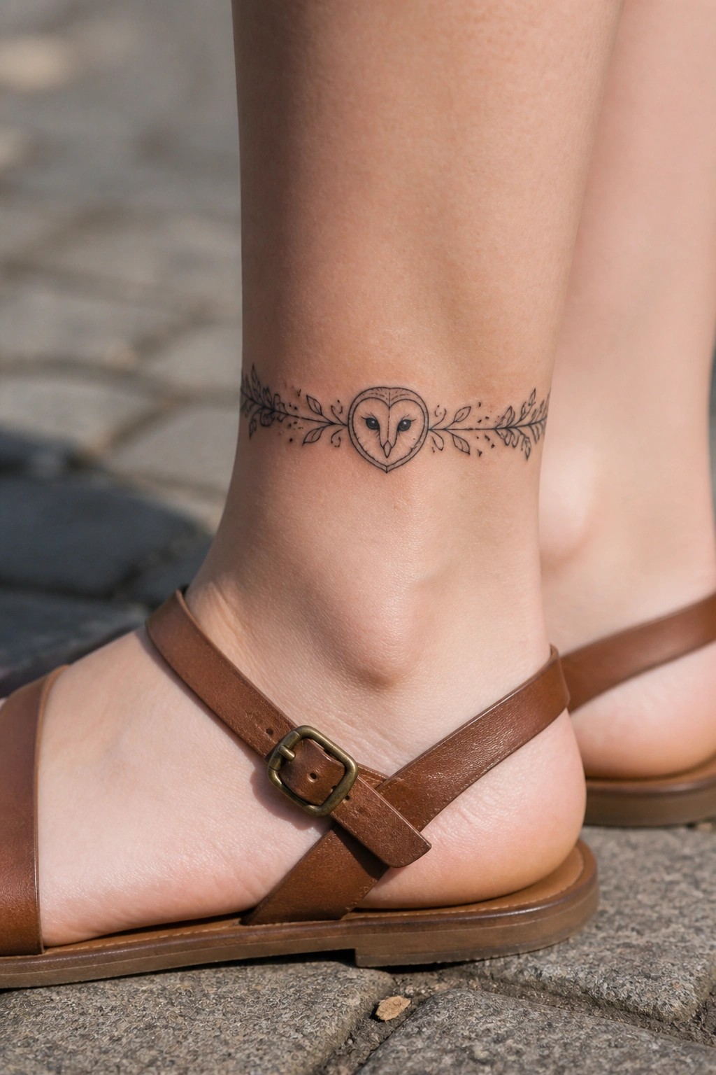 Owl heart tattoo with leafy branches on ankle above brown leather sandal