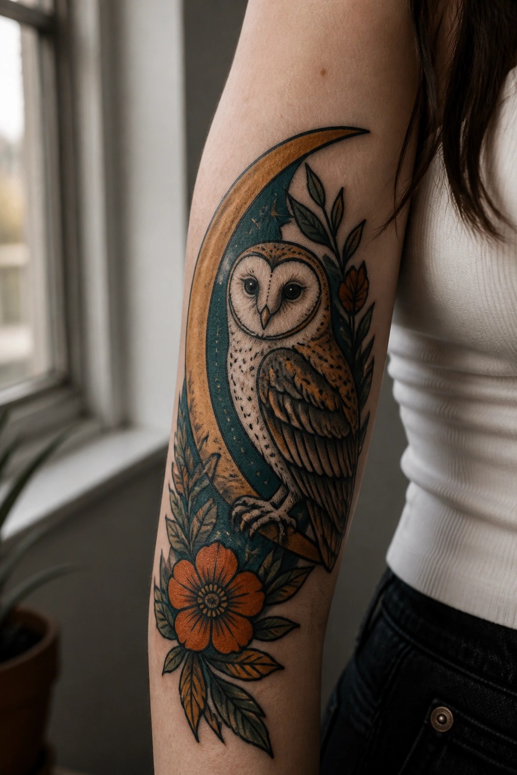 Barn owl tattoo on a woman's upper arm showing a crescent moon, orange flower, and leaves in color.
