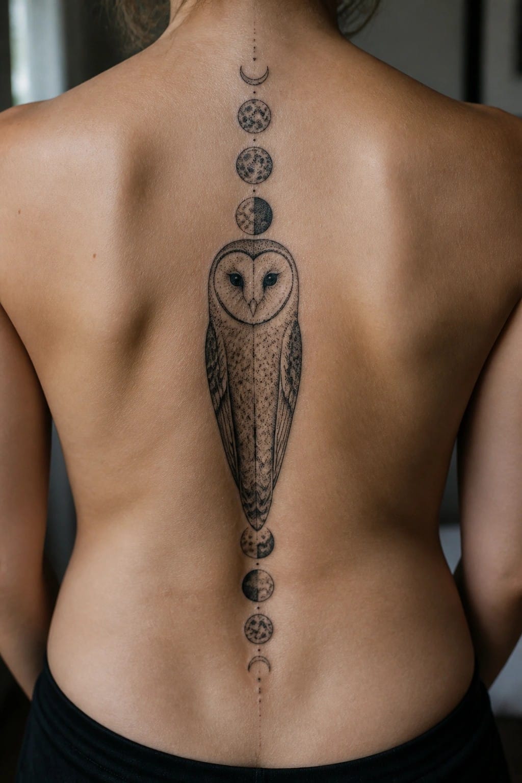 Owl and moon phase tattoos aligned vertically along a bare back