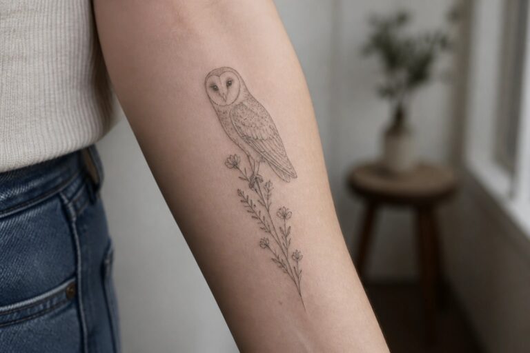Fine-line owl and wildflower tattoo on forearm, white shirt and jeans visible.