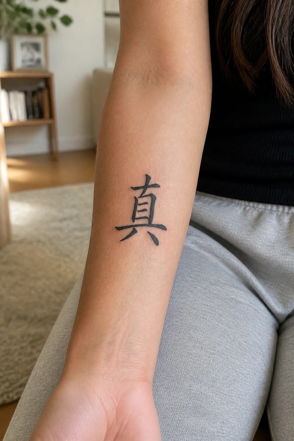 Black Chinese '真' tattoo on inner forearm above gray pants and black top