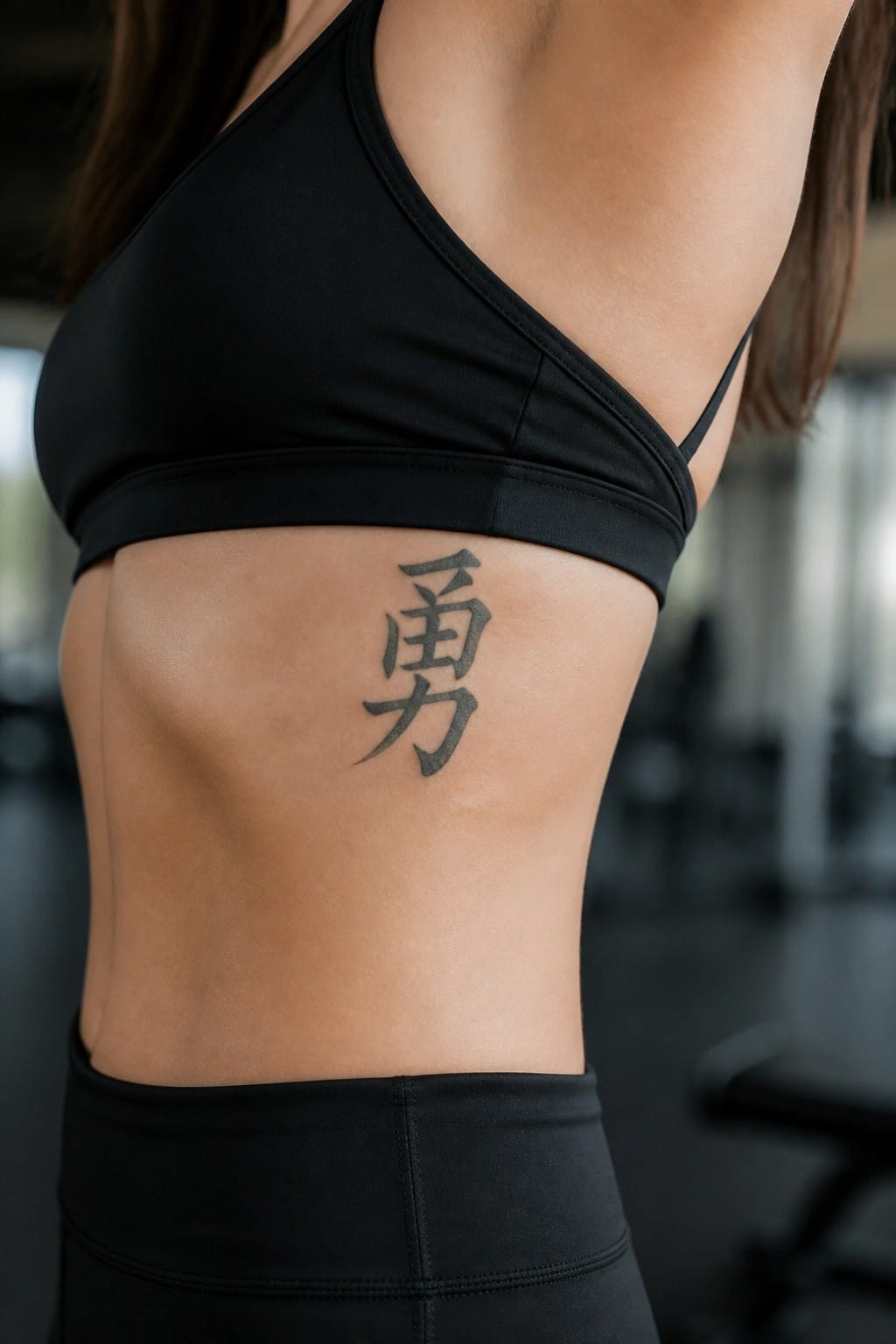 Woman's torso in black sports bra and leggings with large kanji tattoo.