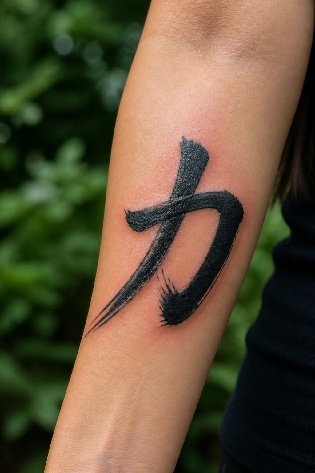 Black brush stroke Chinese character for strength on the inner forearm of a woman.