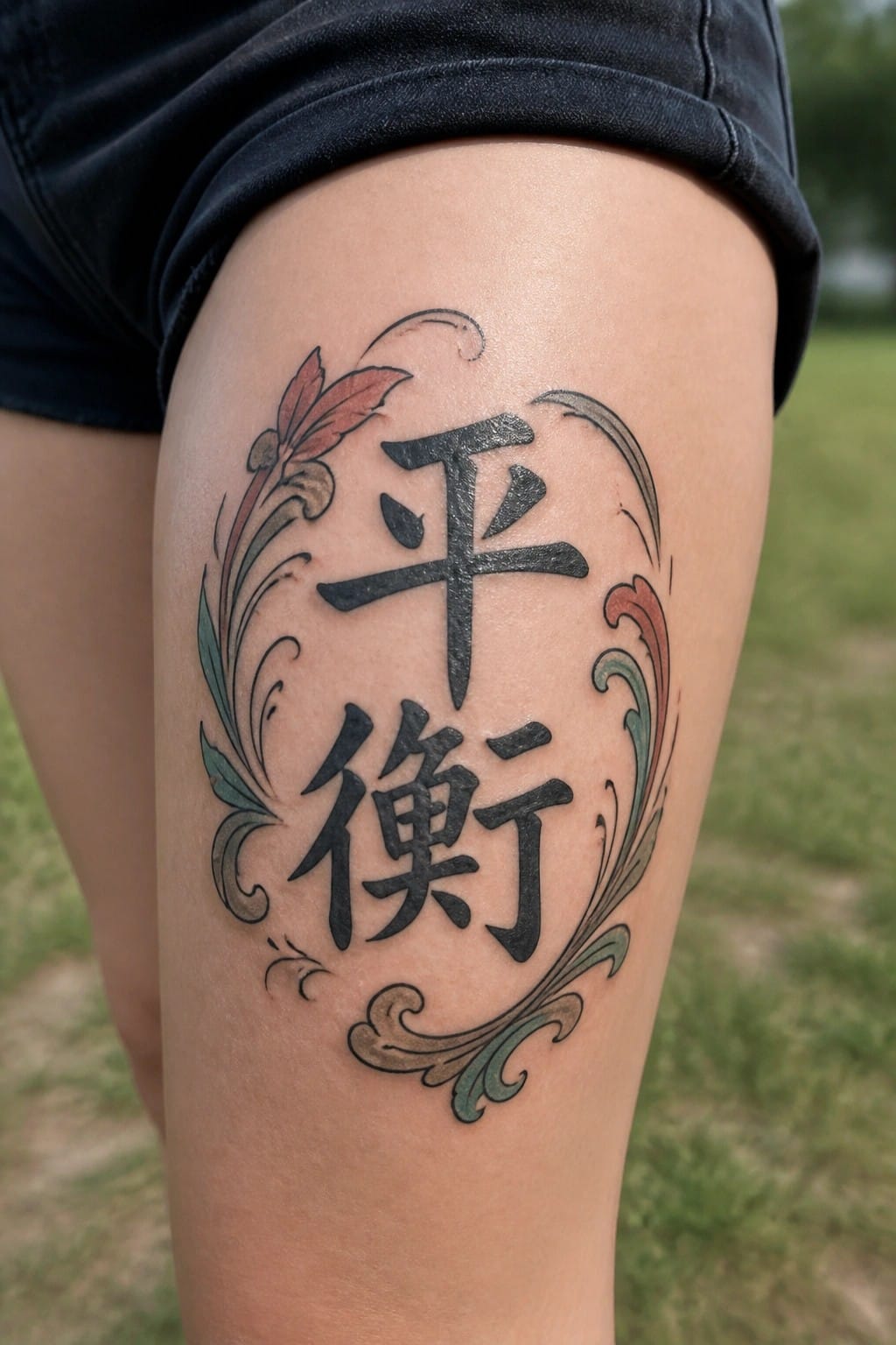 Black Chinese characters tattoo with colorful floral swirls on thigh below shorts