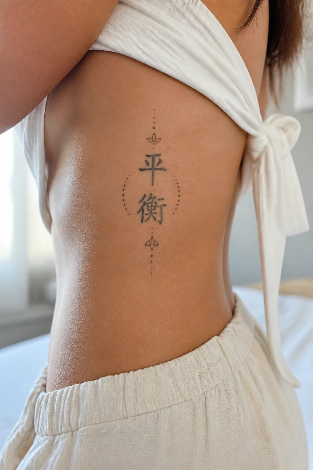 Woman's back with black Chinese tattoo, wearing white tied top and bottoms.