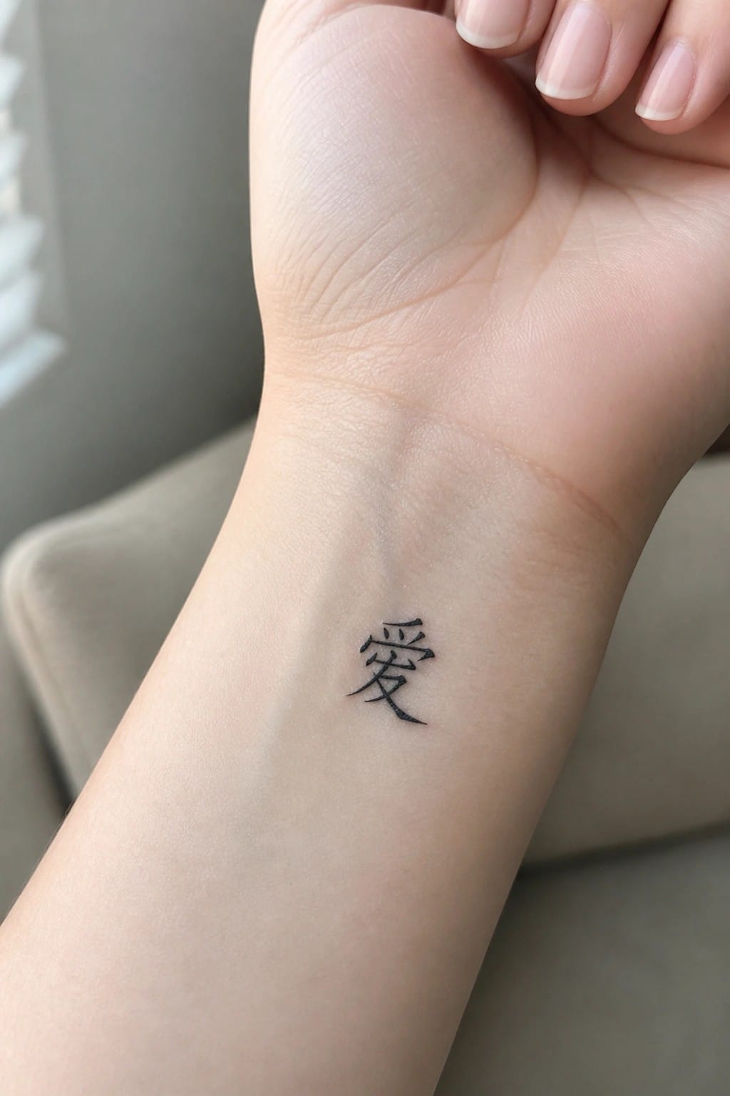 Small Chinese character for love tattooed in black ink on the inner wrist