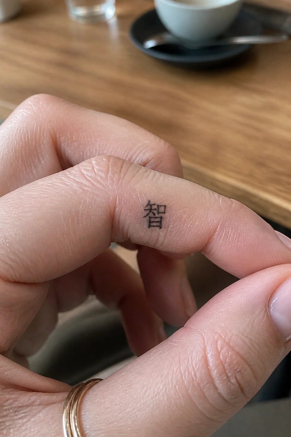 Hand with Chinese '智' tattoo on finger and gold rings against blurred wooden table and cup