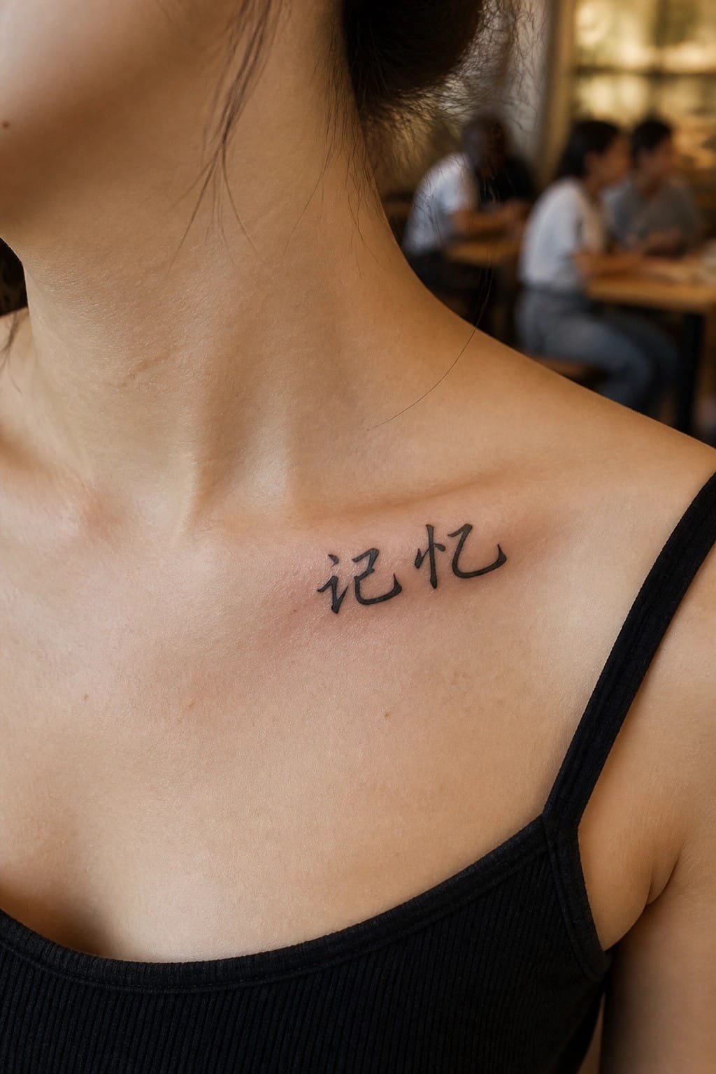 Black Chinese characters tattooed on collarbone above black tank top strap.