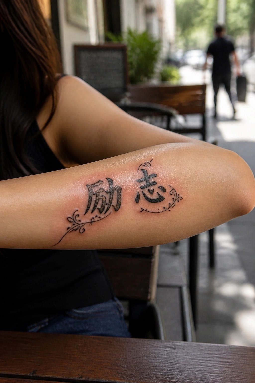 Close up of two Chinese characters tattooed on a woman's inner forearm with small vine details around them.
