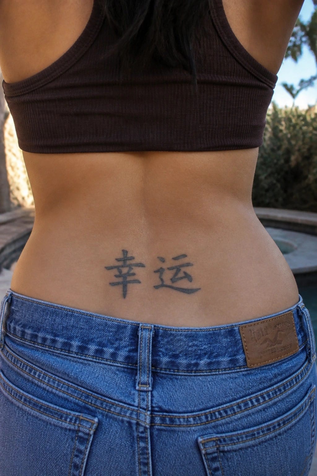 Woman's lower back showing Chinese characters tattoo above blue Hollister jeans and brown crop top