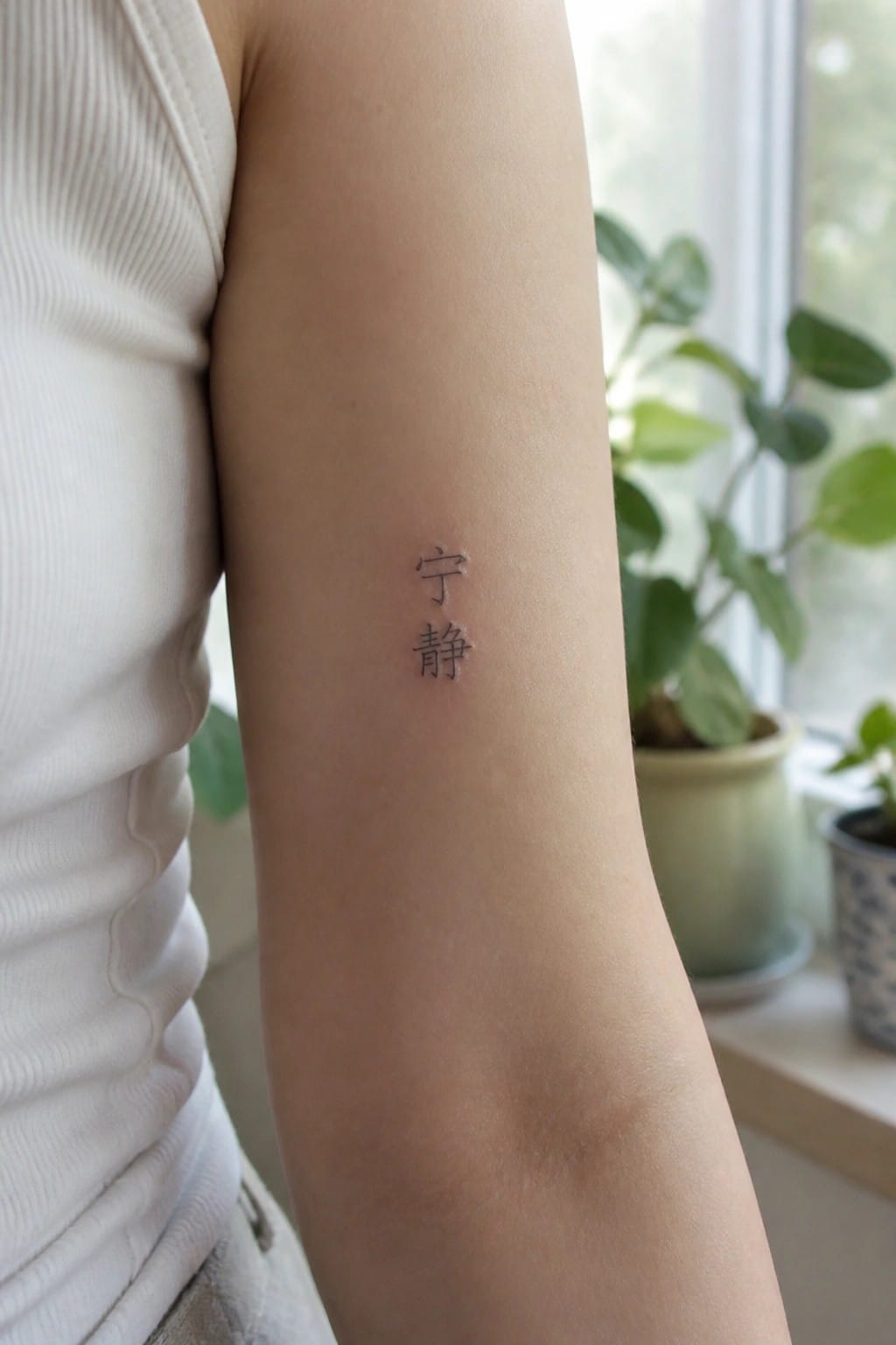 Small vertical Chinese characters tattooed in fine black lines on the inner upper arm.