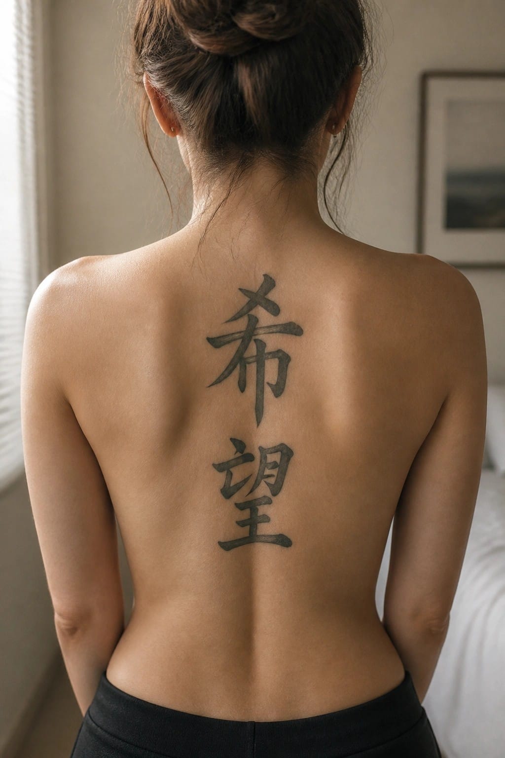 Woman with vertical Chinese characters tattoo on upper back meaning hope