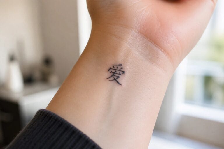 Small Chinese character for love tattooed in black ink on the inner wrist