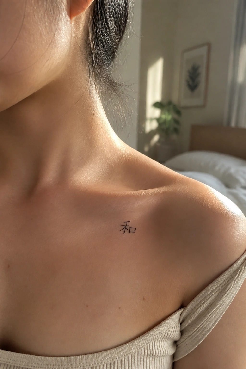 Small black character tattoo on collarbone above beige off-shoulder top in bedroom