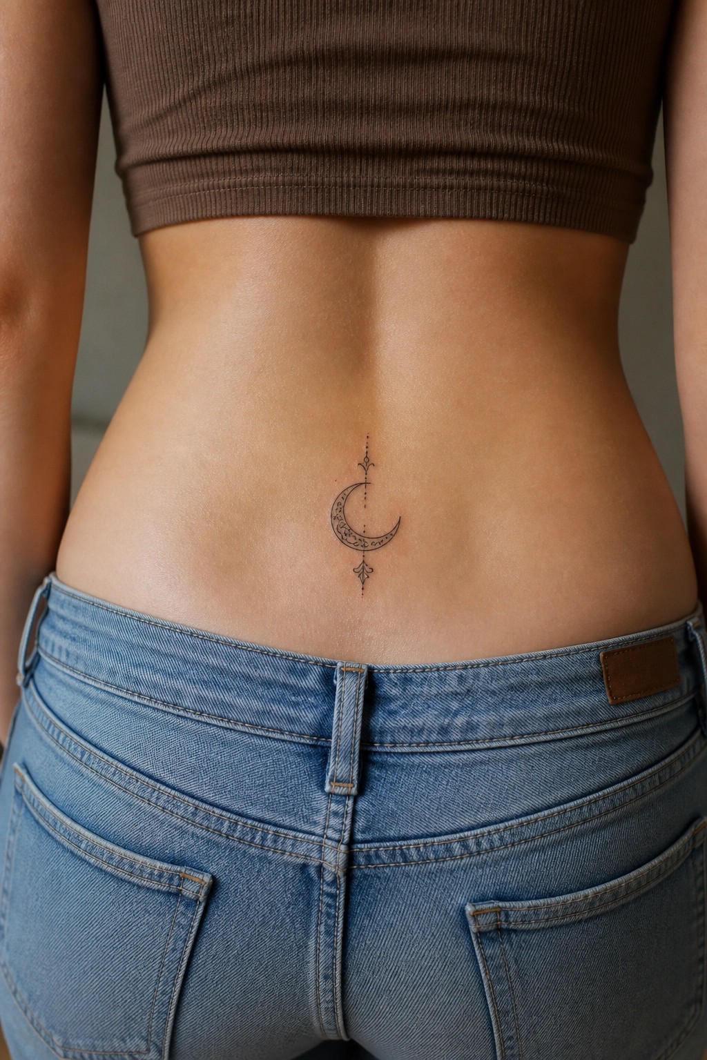 Ornate crescent moon tattoo on lower back above blue jeans and brown crop top.