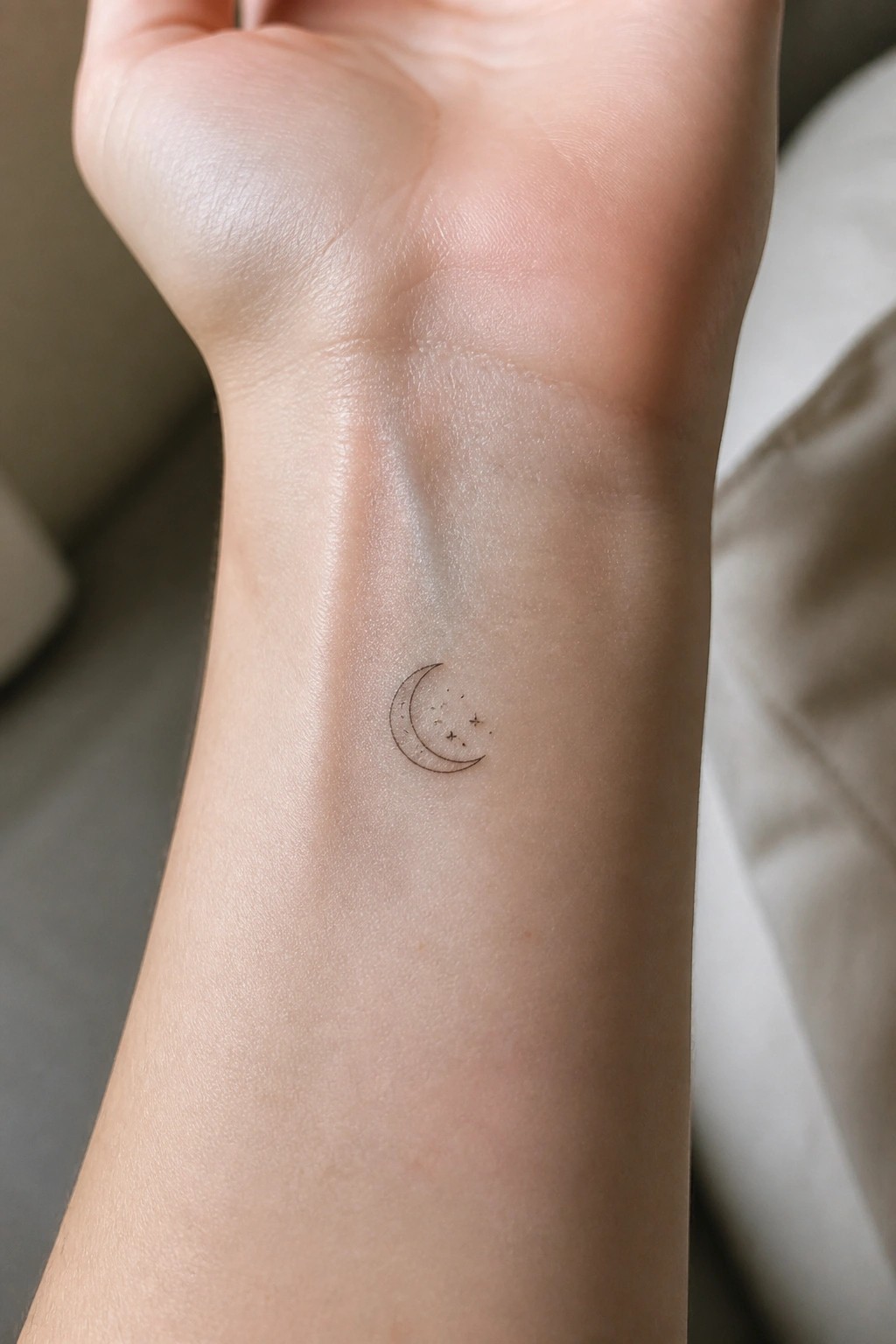 Small crescent moon tattoo with stars on the inner wrist in fine black lines