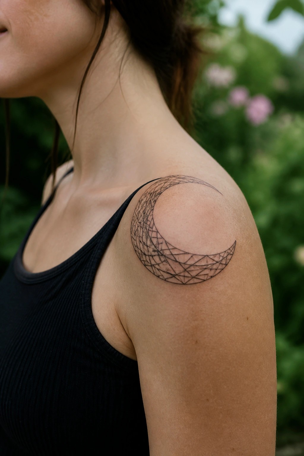 Black geometric crescent moon tattoo on a woman's upper arm with line patterns inside the shape
