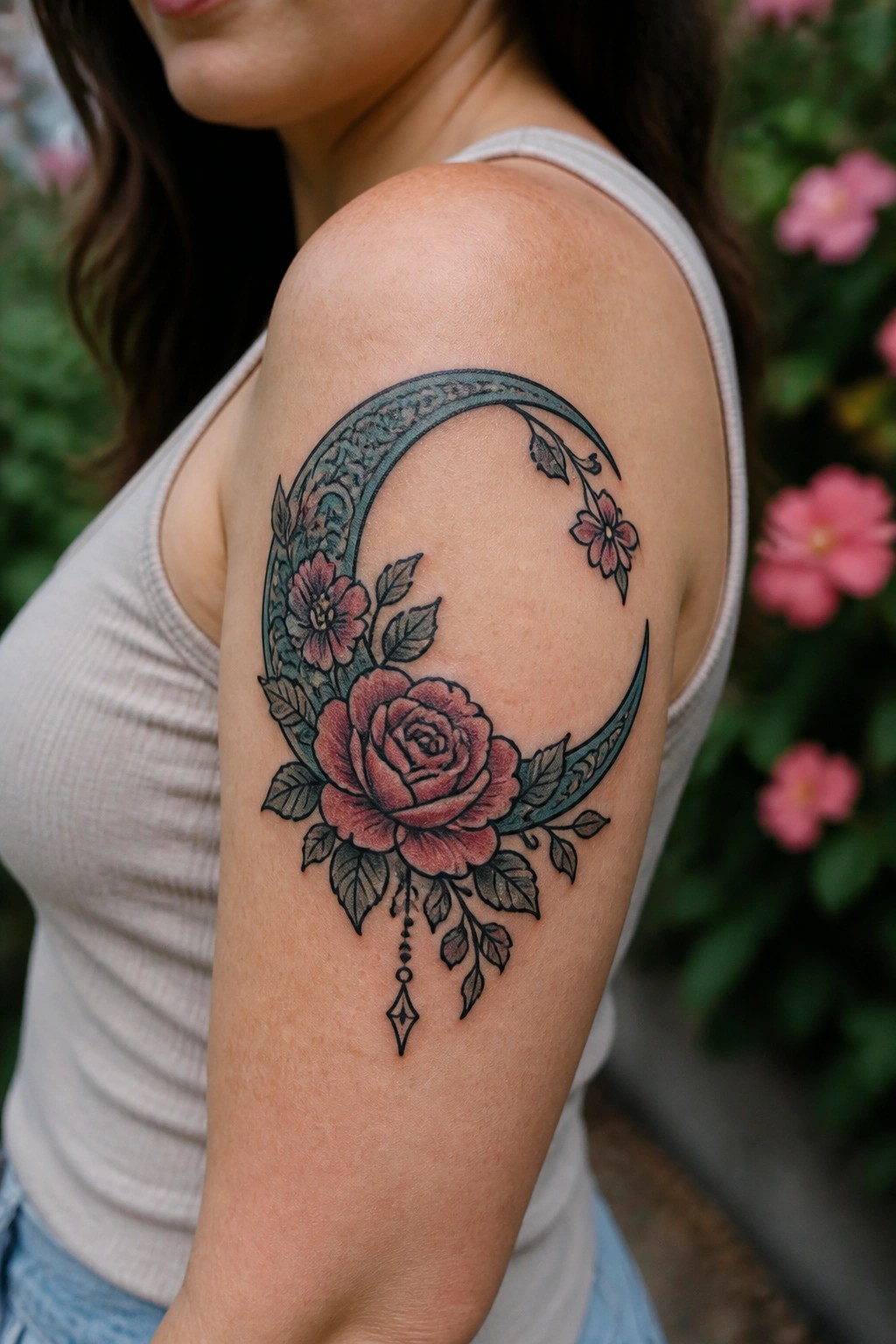 Crescent moon tattoo with red roses, flowers, and leaves on woman's shoulder in white tank top