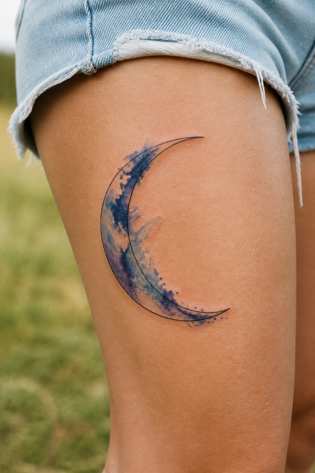 Watercolor crescent moon tattoo on thigh beneath frayed blue denim shorts