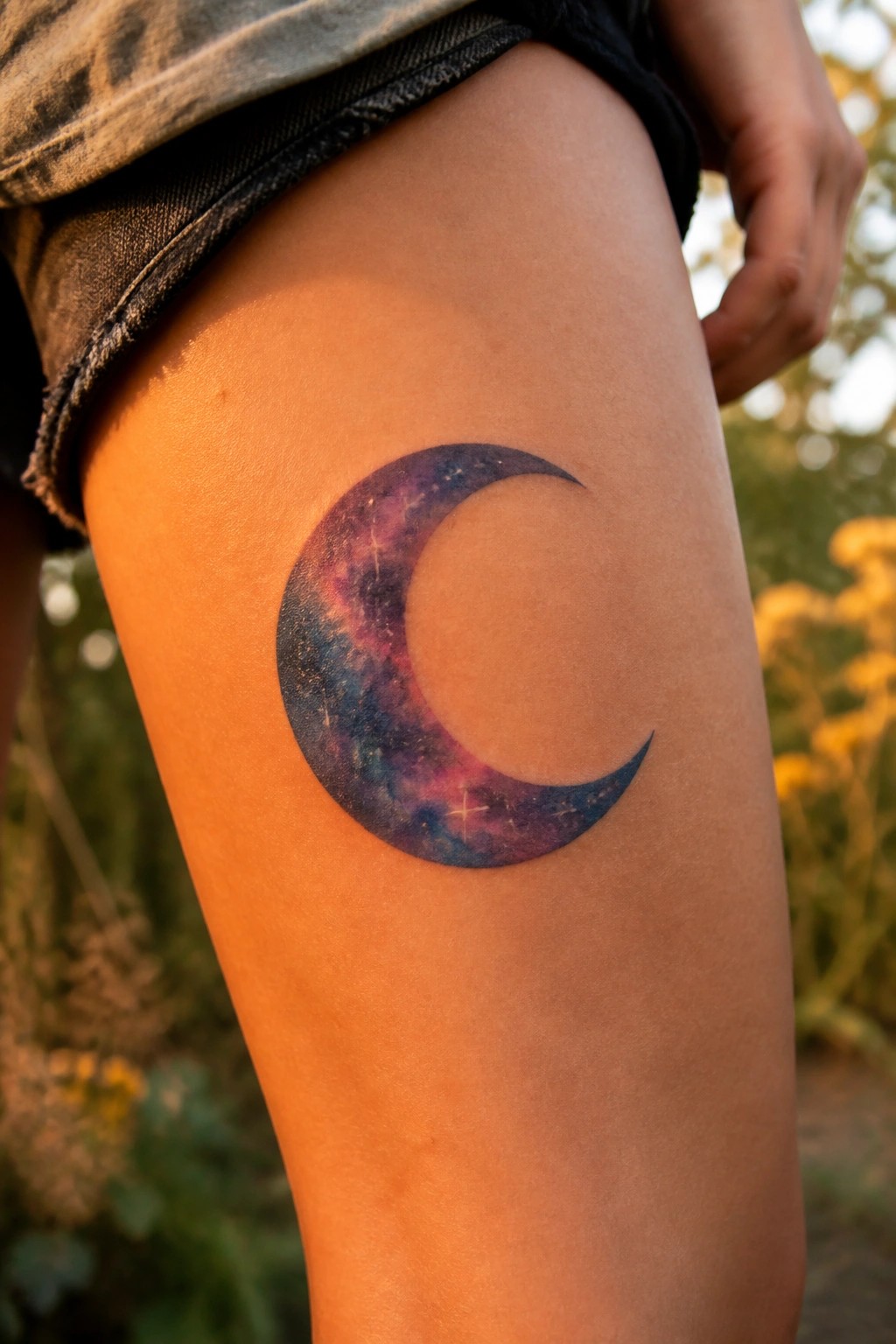 Crescent moon tattoo with galaxy colors on the upper thigh.
