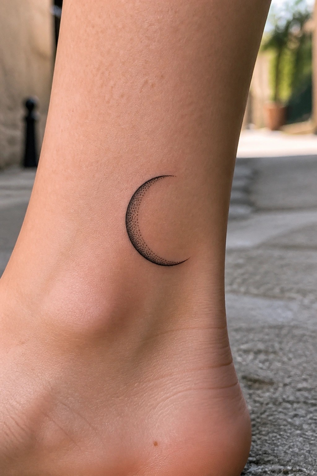 Dotwork crescent moon tattoo in black ink on bare ankle