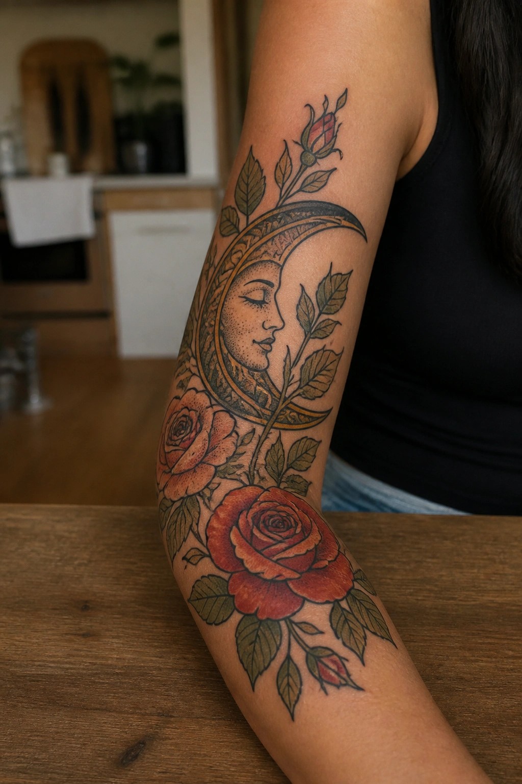 A crescent moon tattoo with a woman's profile face, red roses, and green leaves on the upper arm.