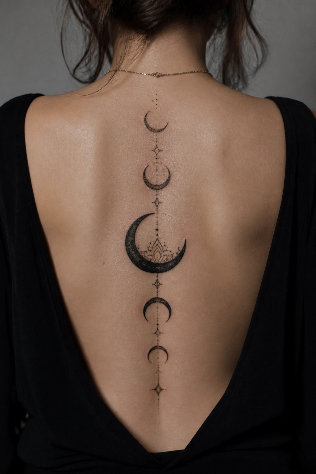 Vertical row of crescent moons tattooed down a woman's spine with a dotted line and stars connecting them, larger central moon featuring an inner lotus pattern.