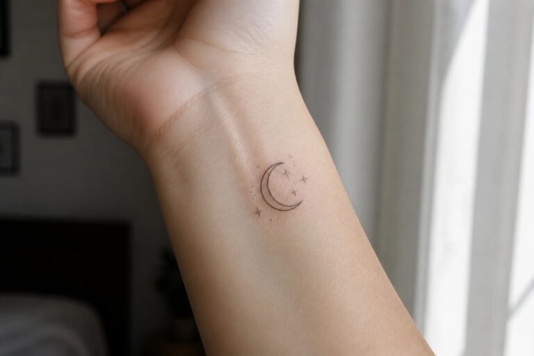 Small crescent moon tattoo with stars on the inner wrist in fine black lines