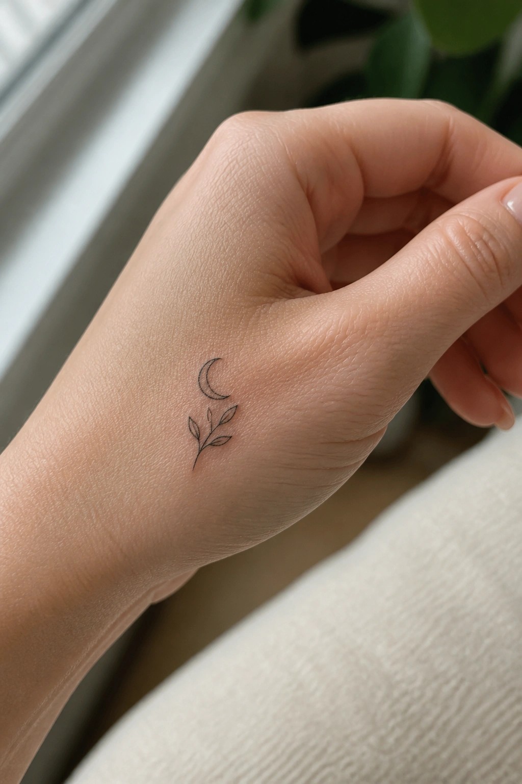 Hand with small black crescent moon and leafy branch tattoo on back