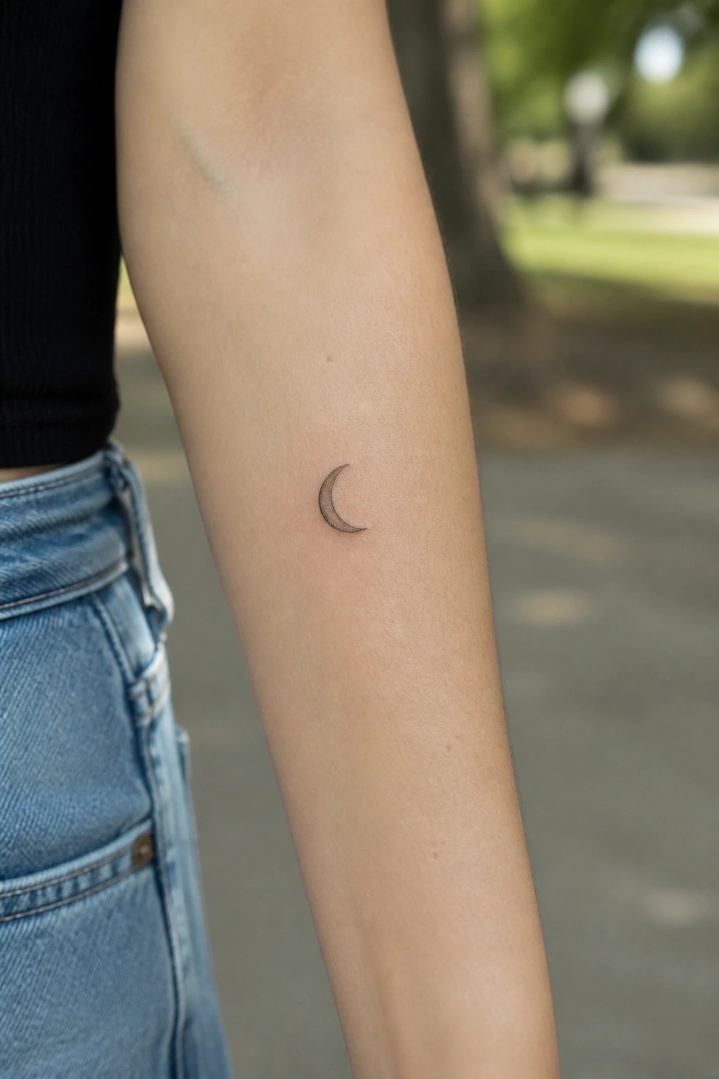 Crescent moon tattoo on forearm of person in black top and blue jeans outdoors