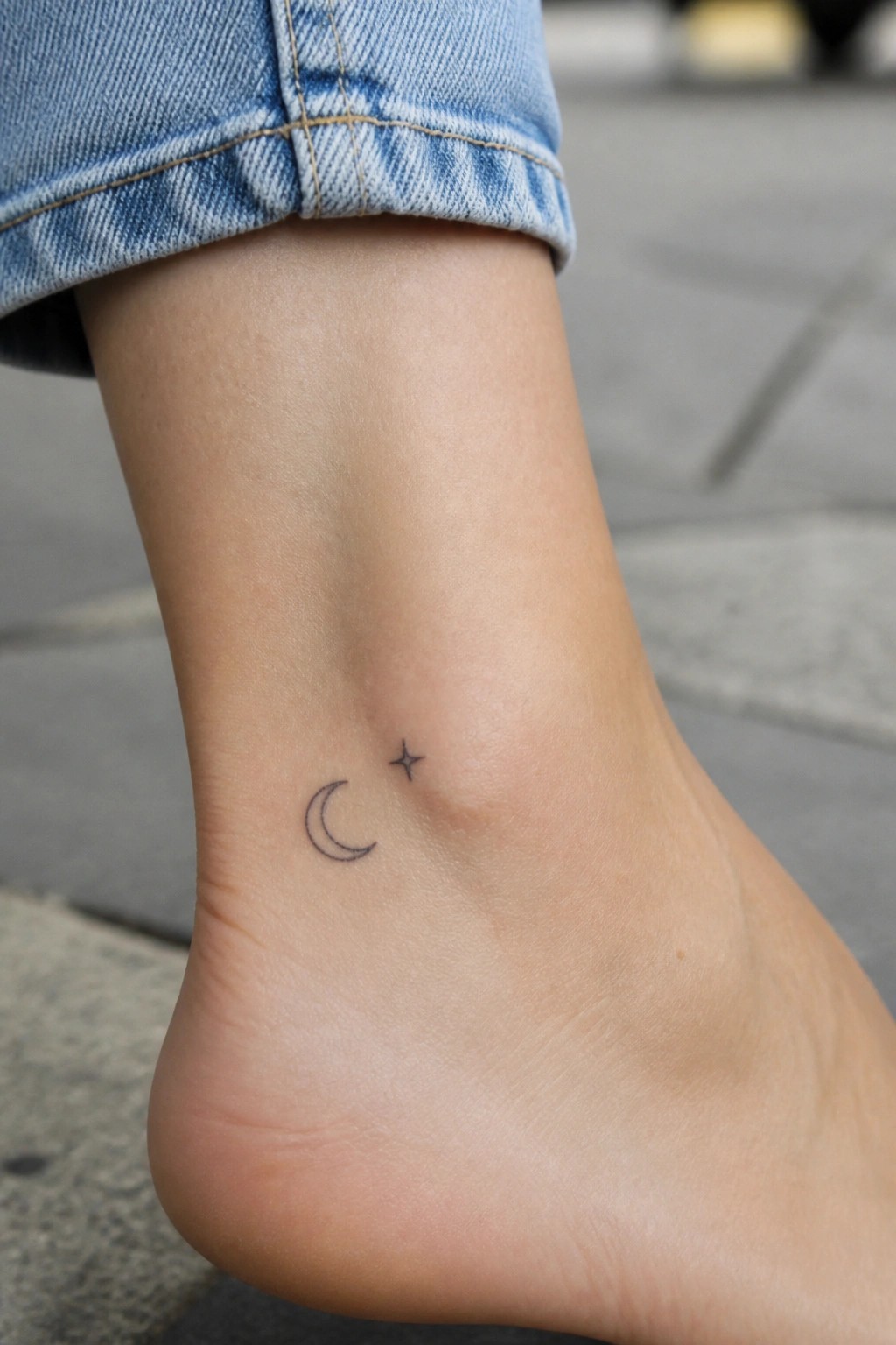 Bare ankle with crescent moon and star tattoo under rolled blue jeans