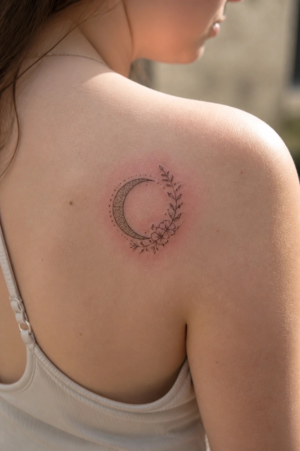 Crescent moon tattoo with flowers on woman's shoulder above white tank top strap.