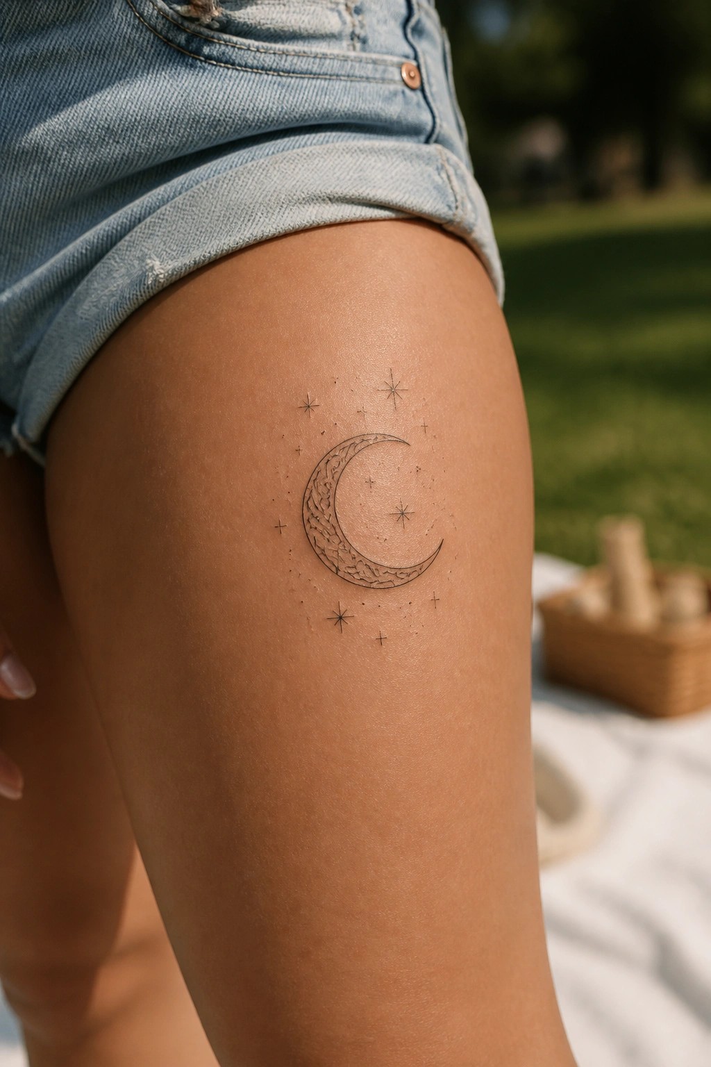 Crescent moon and stars tattoo on thigh under light blue denim shorts outdoors