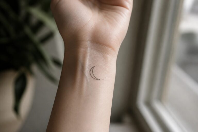 23 Dainty Moon Tattoo Designs for Women Ideal for First Tattoos Small crescent moon tattoo with dotted edge on light-skinned wrist