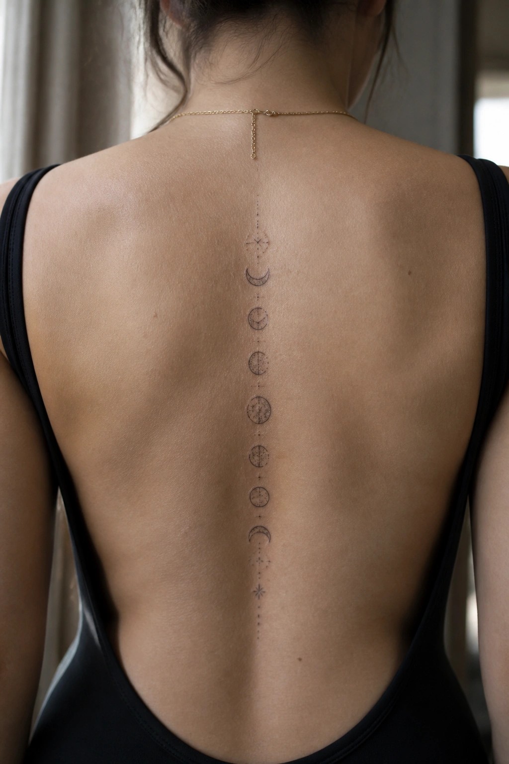 Woman's back with moon phase tattoo along spine in black top and gold necklace.