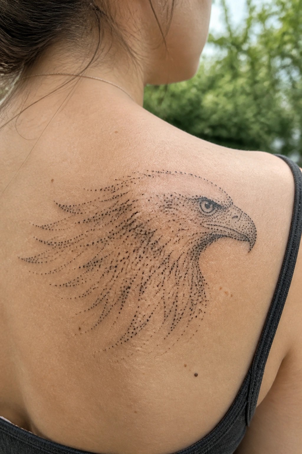 Shoulder with black tank top strap and intricate dotwork eagle tattoo