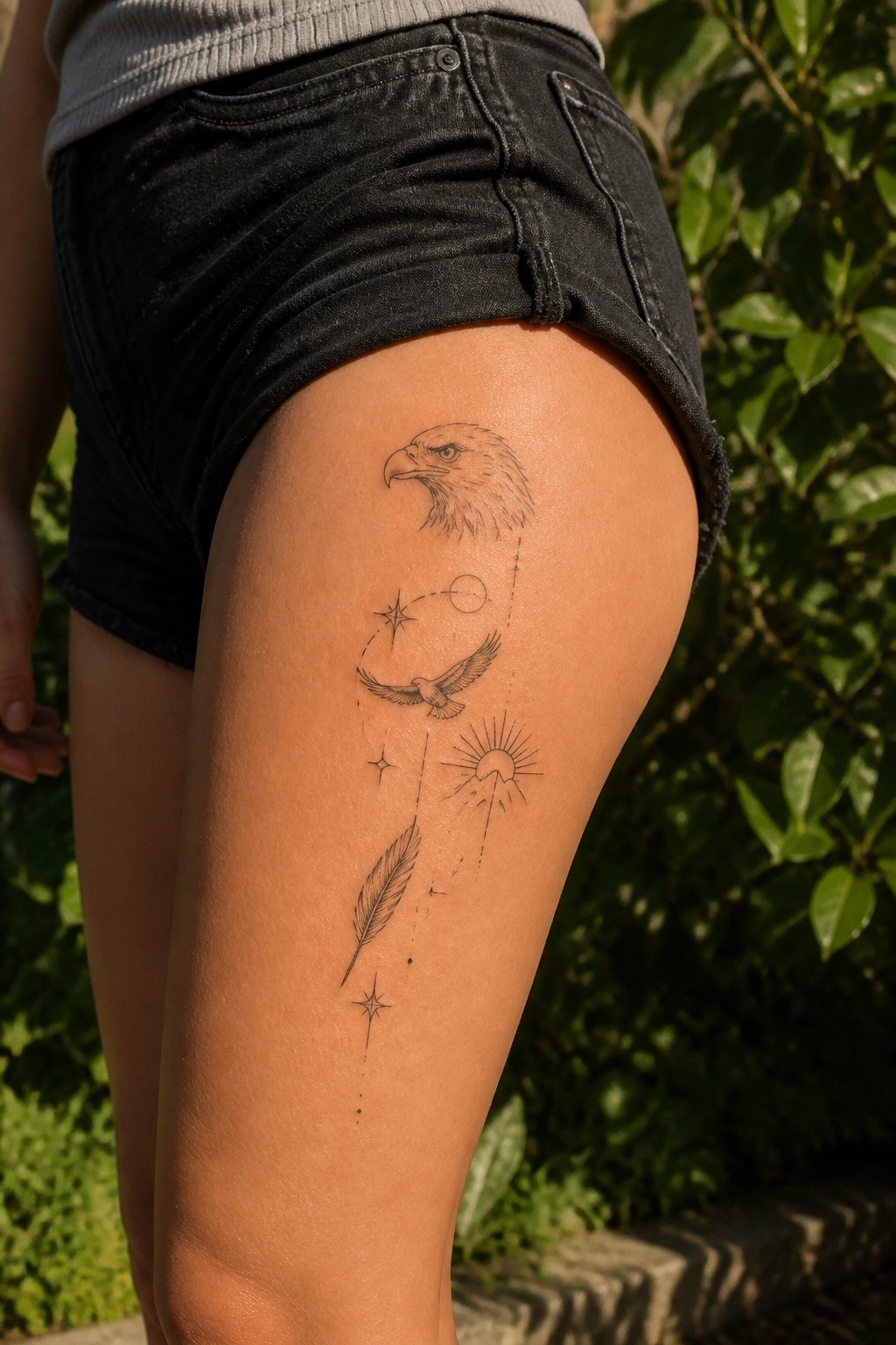Black line tattoo of eagle head, bird, feather and celestial symbols on thigh in shorts