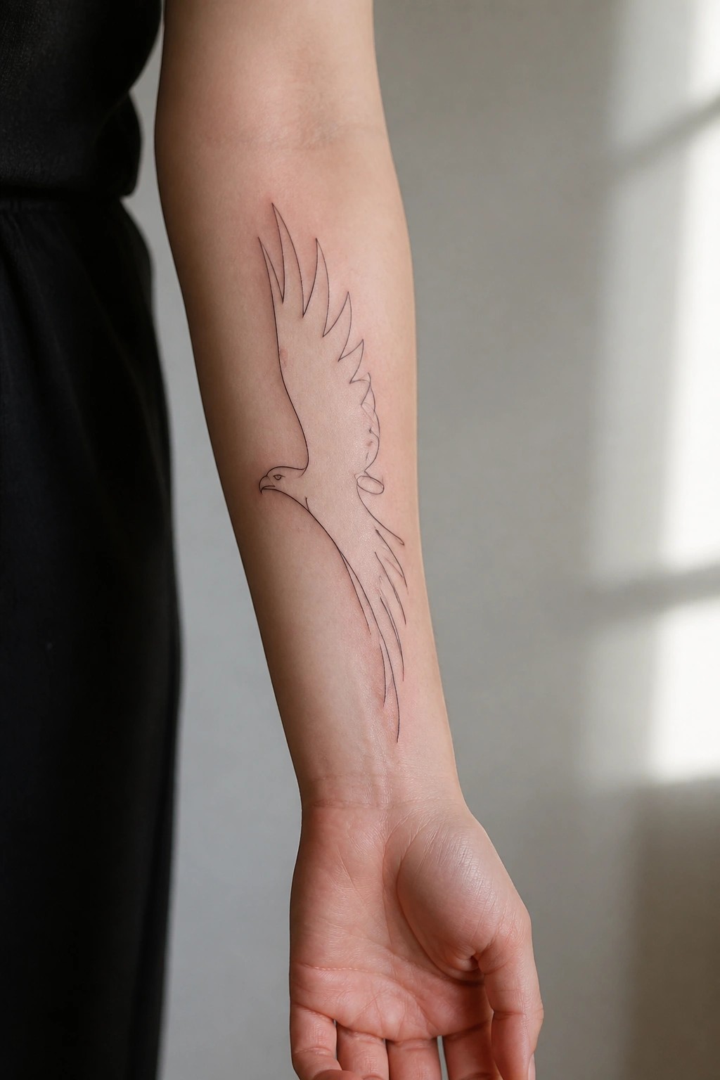 Person's forearm with minimalist line-art tattoo of a soaring eagle in black ink